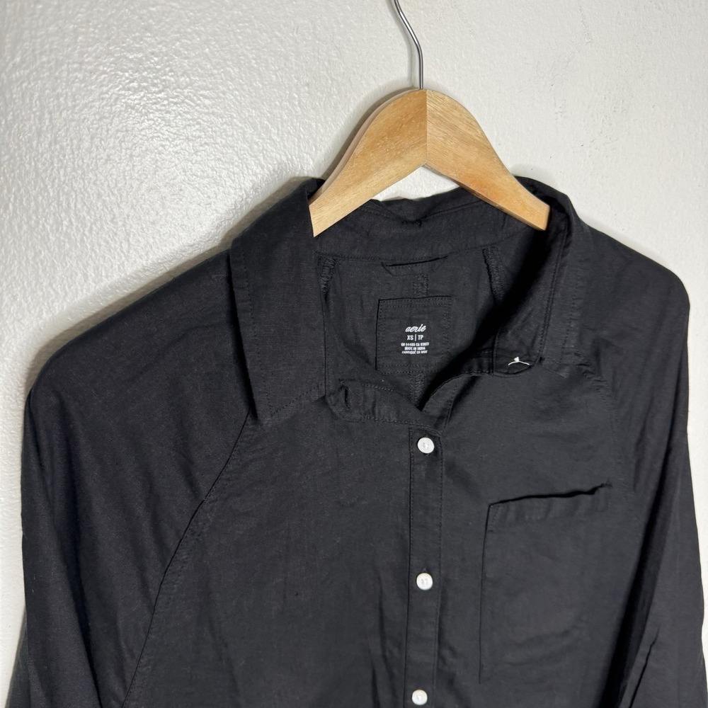 Aerie Black Linen Blend Button Up Minimalist Shirt Long Sleeve Womens XS - Picture 2 of 11